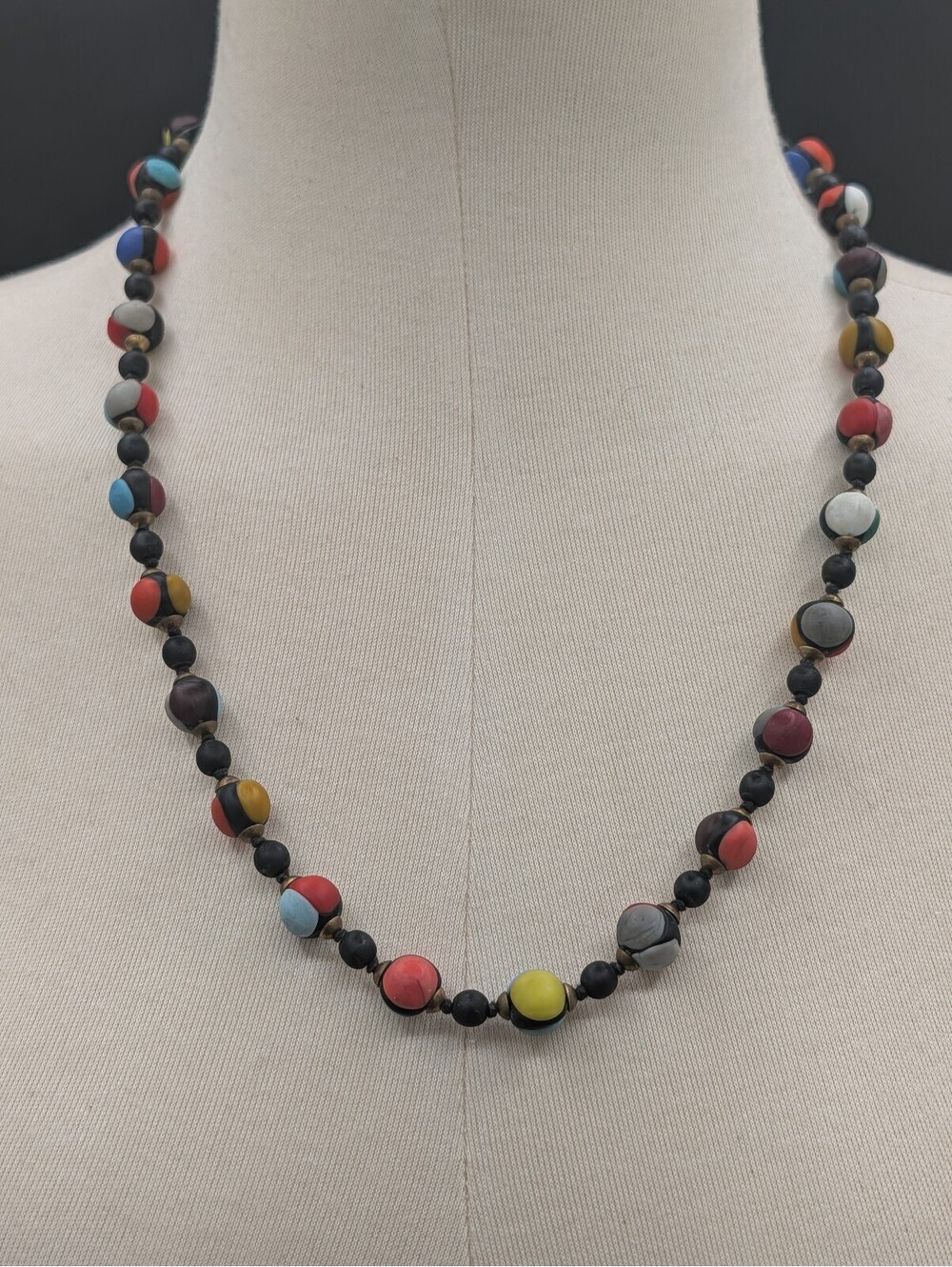 Vintage African Trade Polychrome Matte Glass Segmented Bead Necklace 24"